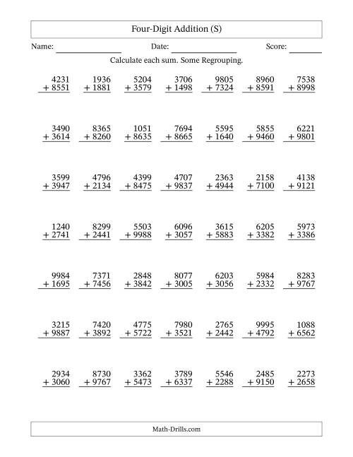 The Four-Digit Addition With Some Regrouping – 49 Questions (S) Math Worksheet