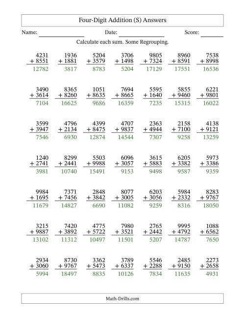 The Four-Digit Addition With Some Regrouping – 49 Questions (S) Math Worksheet Page 2