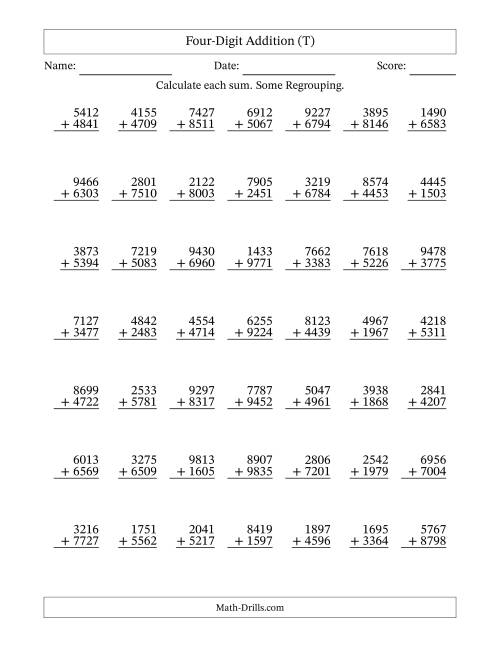 The Four-Digit Addition With Some Regrouping – 49 Questions (T) Math Worksheet