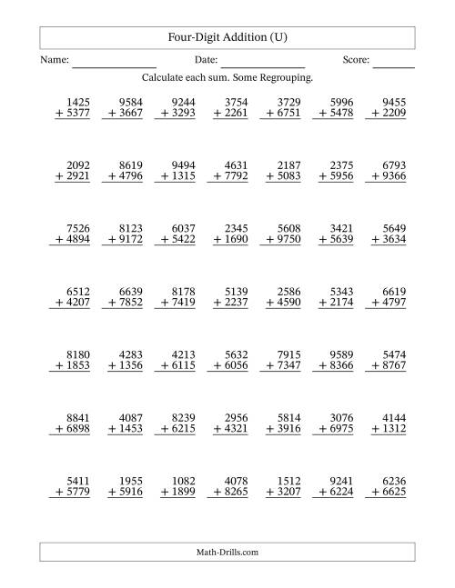 The Four-Digit Addition With Some Regrouping – 49 Questions (U) Math Worksheet