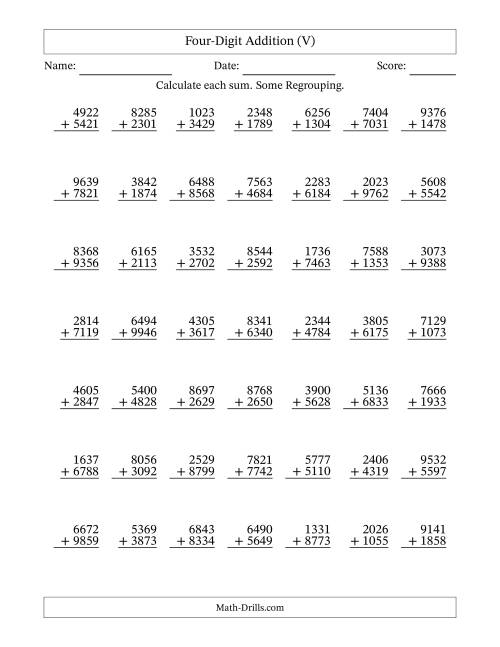 The Four-Digit Addition With Some Regrouping – 49 Questions (V) Math Worksheet