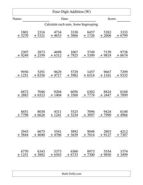 The Four-Digit Addition With Some Regrouping – 49 Questions (W) Math Worksheet