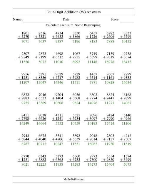 The Four-Digit Addition With Some Regrouping – 49 Questions (W) Math Worksheet Page 2