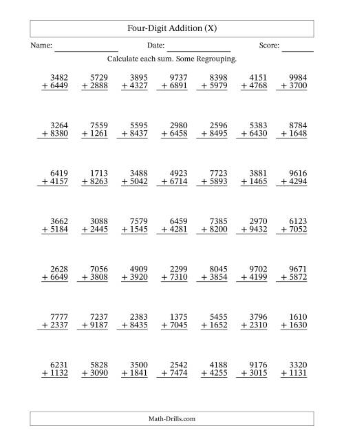 The Four-Digit Addition With Some Regrouping – 49 Questions (X) Math Worksheet