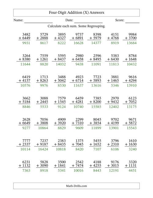 The Four-Digit Addition With Some Regrouping – 49 Questions (X) Math Worksheet Page 2