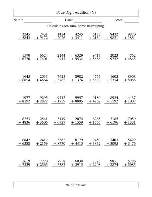 The Four-Digit Addition With Some Regrouping – 49 Questions (Y) Math Worksheet