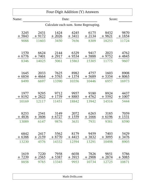 The Four-Digit Addition With Some Regrouping – 49 Questions (Y) Math Worksheet Page 2