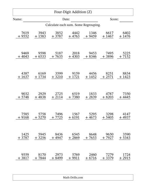 The Four-Digit Addition With Some Regrouping – 49 Questions (Z) Math Worksheet