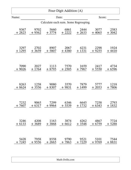 The Four-Digit Addition With Some Regrouping – 49 Questions (All) Math Worksheet