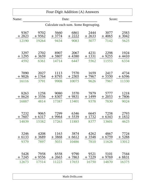 The Four-Digit Addition With Some Regrouping – 49 Questions (All) Math Worksheet Page 2
