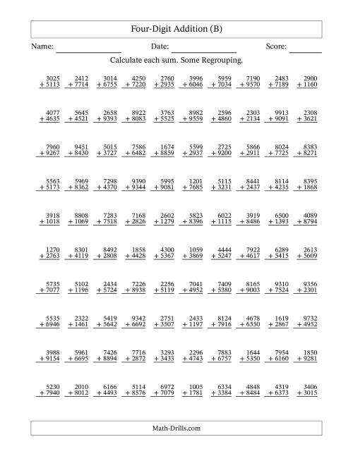 The Four-Digit Addition With Some Regrouping – 100 Questions (B) Math Worksheet