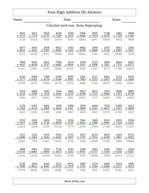The Four-Digit Addition With Some Regrouping – 100 Questions (B) Math Worksheet Page 2