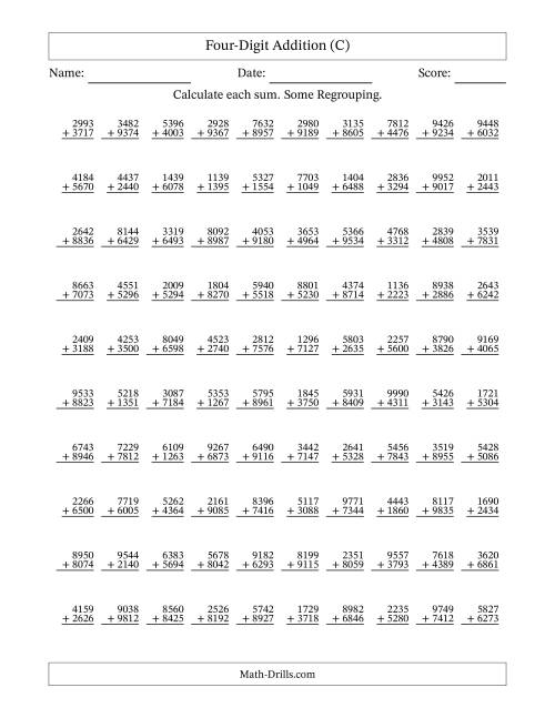 The Four-Digit Addition With Some Regrouping – 100 Questions (C) Math Worksheet