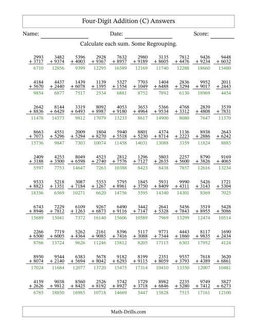The Four-Digit Addition With Some Regrouping – 100 Questions (C) Math Worksheet Page 2
