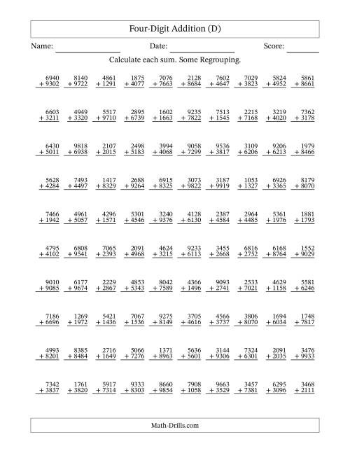 The Four-Digit Addition With Some Regrouping – 100 Questions (D) Math Worksheet