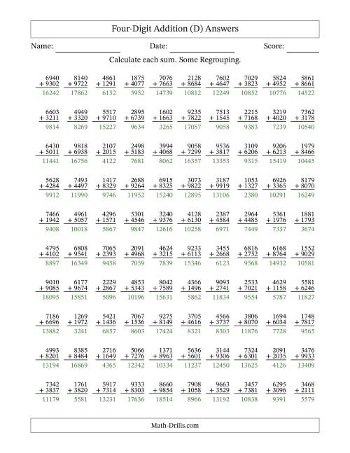 The Four-Digit Addition With Some Regrouping – 100 Questions (D) Math Worksheet Page 2