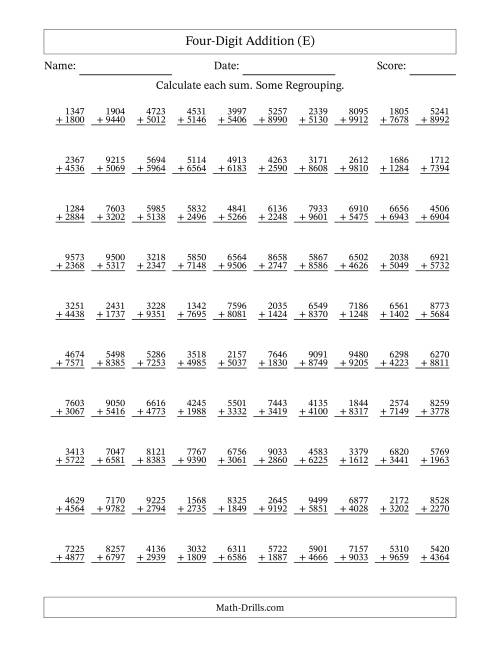 The Four-Digit Addition With Some Regrouping – 100 Questions (E) Math Worksheet