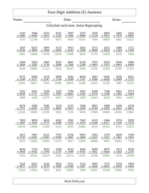 The Four-Digit Addition With Some Regrouping – 100 Questions (E) Math Worksheet Page 2