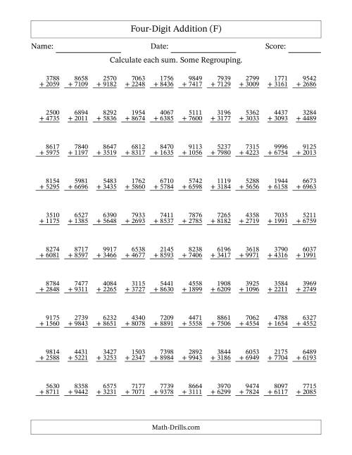 The Four-Digit Addition With Some Regrouping – 100 Questions (F) Math Worksheet