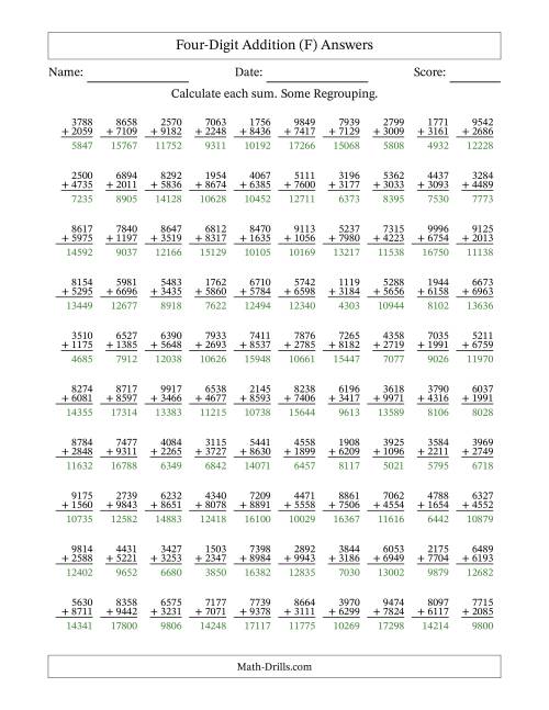 The Four-Digit Addition With Some Regrouping – 100 Questions (F) Math Worksheet Page 2