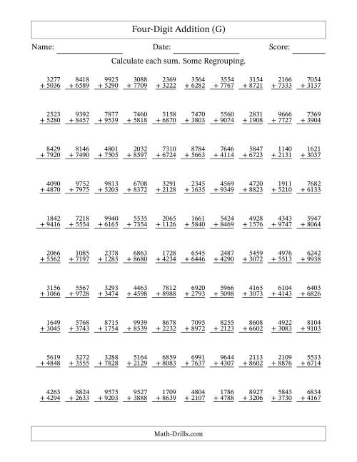 The Four-Digit Addition With Some Regrouping – 100 Questions (G) Math Worksheet