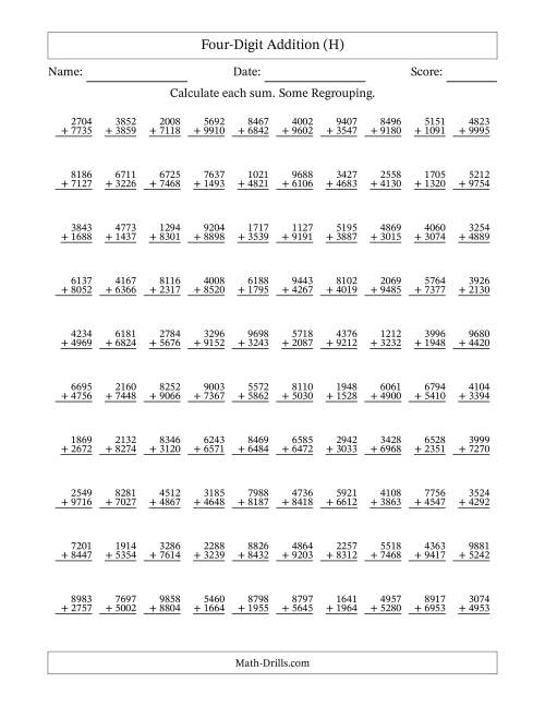The Four-Digit Addition With Some Regrouping – 100 Questions (H) Math Worksheet