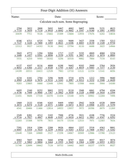 The Four-Digit Addition With Some Regrouping – 100 Questions (H) Math Worksheet Page 2