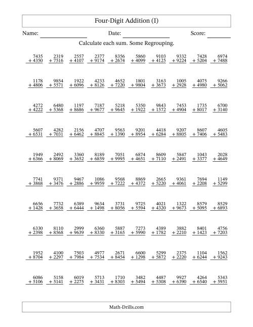 The Four-Digit Addition With Some Regrouping – 100 Questions (I) Math Worksheet