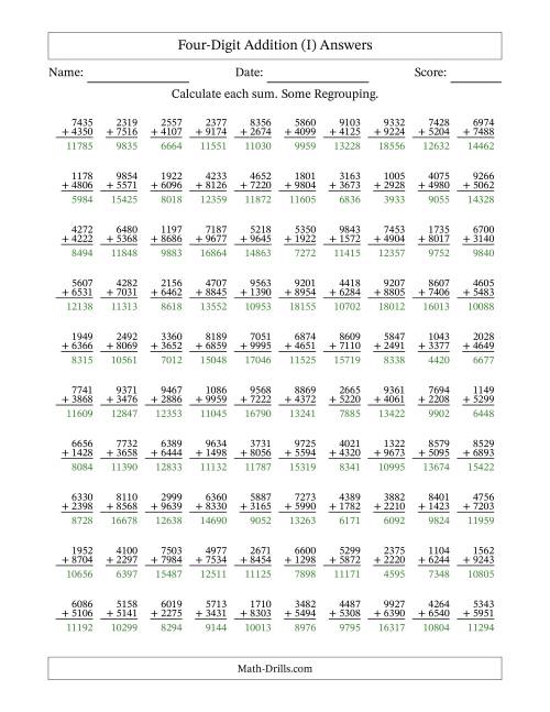 The Four-Digit Addition With Some Regrouping – 100 Questions (I) Math Worksheet Page 2
