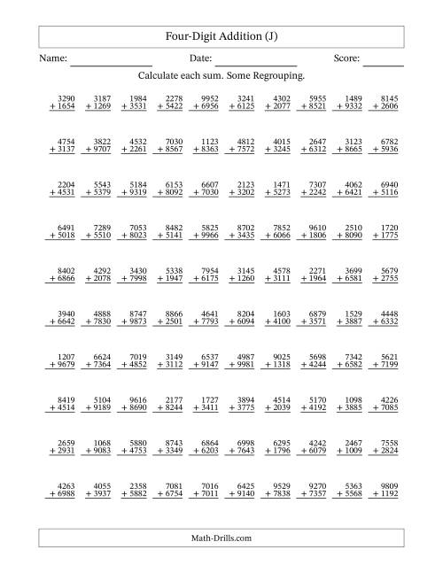 The Four-Digit Addition With Some Regrouping – 100 Questions (J) Math Worksheet
