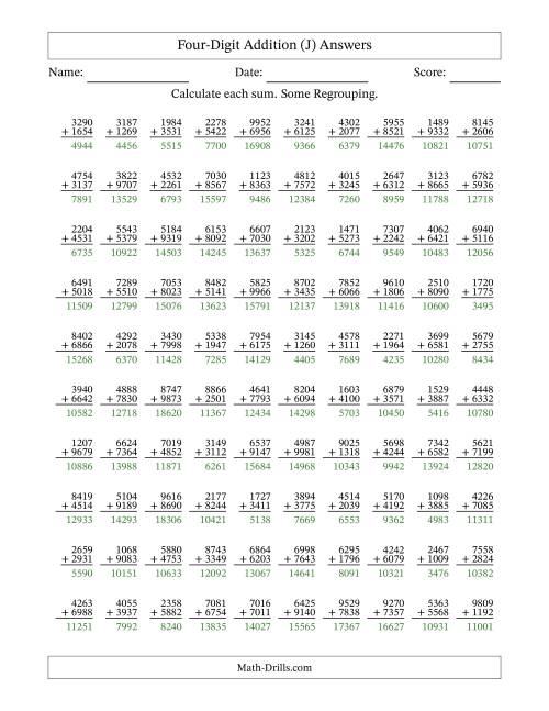 The Four-Digit Addition With Some Regrouping – 100 Questions (J) Math Worksheet Page 2