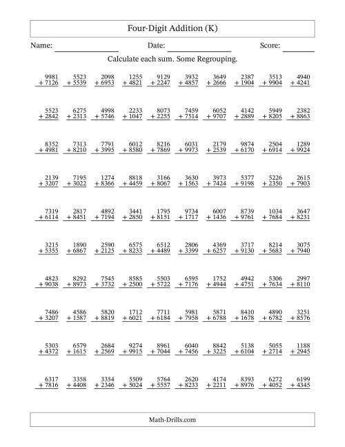 The Four-Digit Addition With Some Regrouping – 100 Questions (K) Math Worksheet