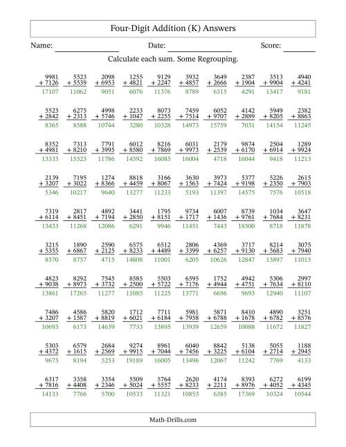 The Four-Digit Addition With Some Regrouping – 100 Questions (K) Math Worksheet Page 2