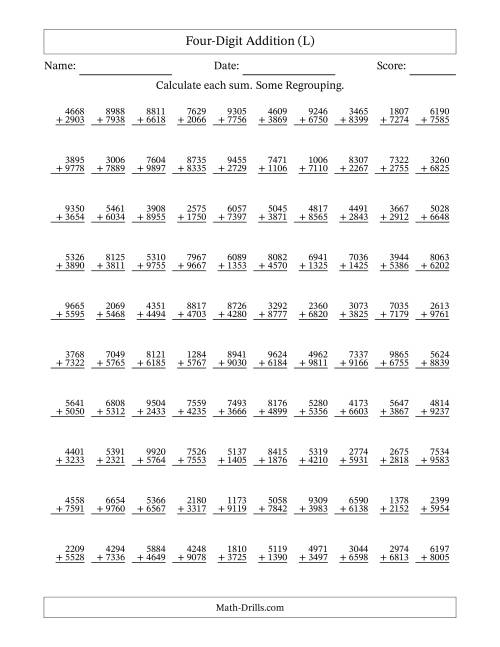 The Four-Digit Addition With Some Regrouping – 100 Questions (L) Math Worksheet