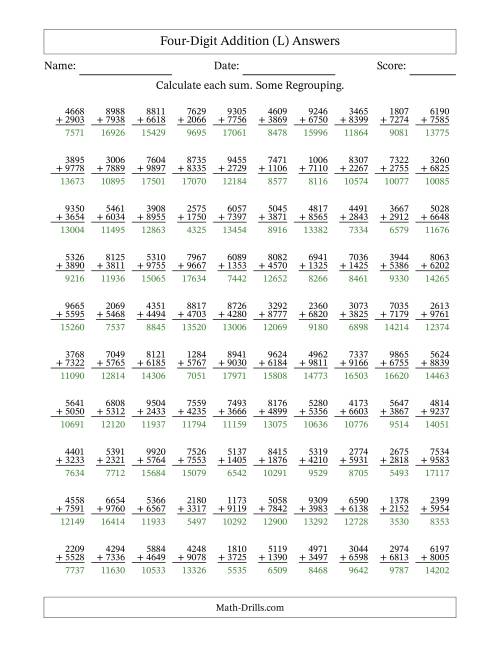 The Four-Digit Addition With Some Regrouping – 100 Questions (L) Math Worksheet Page 2