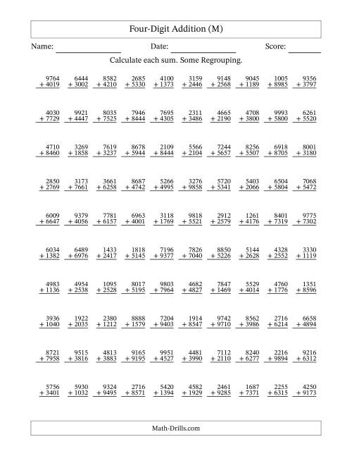 The Four-Digit Addition With Some Regrouping – 100 Questions (M) Math Worksheet