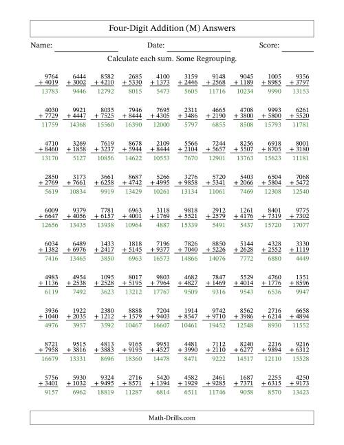 The Four-Digit Addition With Some Regrouping – 100 Questions (M) Math Worksheet Page 2