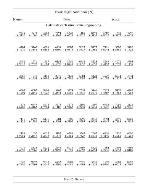 The Four-Digit Addition With Some Regrouping – 100 Questions (N) Math Worksheet
