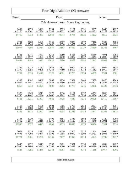The Four-Digit Addition With Some Regrouping – 100 Questions (N) Math Worksheet Page 2