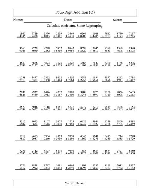The Four-Digit Addition With Some Regrouping – 100 Questions (O) Math Worksheet