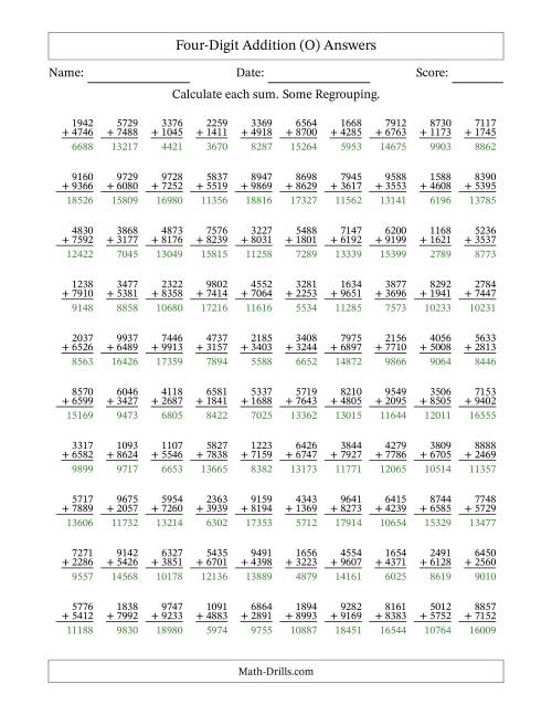 The Four-Digit Addition With Some Regrouping – 100 Questions (O) Math Worksheet Page 2