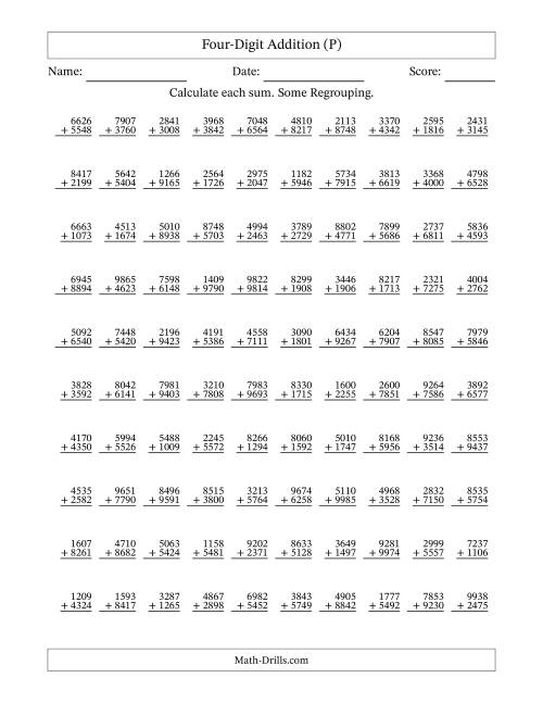 The Four-Digit Addition With Some Regrouping – 100 Questions (P) Math Worksheet
