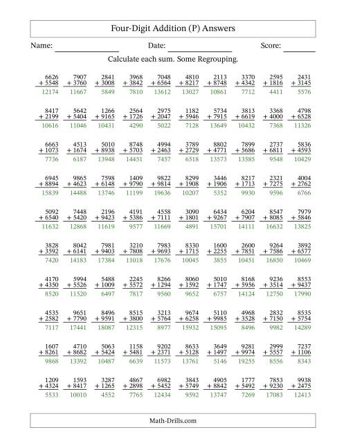 The Four-Digit Addition With Some Regrouping – 100 Questions (P) Math Worksheet Page 2
