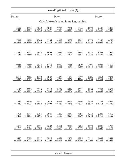 The Four-Digit Addition With Some Regrouping – 100 Questions (Q) Math Worksheet