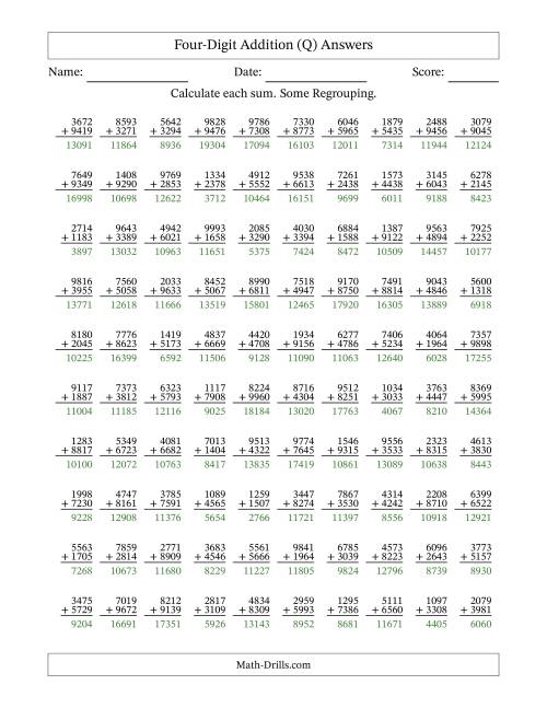 The Four-Digit Addition With Some Regrouping – 100 Questions (Q) Math Worksheet Page 2