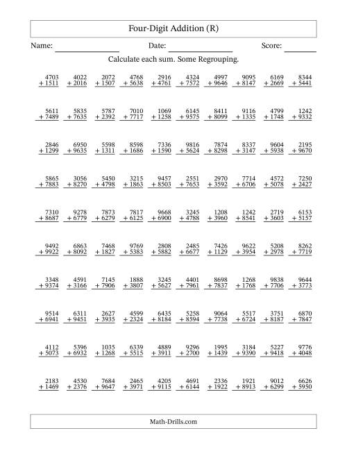 The Four-Digit Addition With Some Regrouping – 100 Questions (R) Math Worksheet