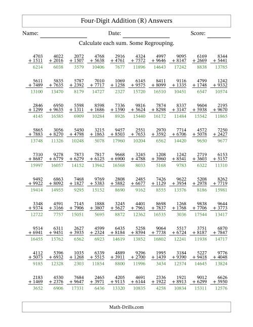The Four-Digit Addition With Some Regrouping – 100 Questions (R) Math Worksheet Page 2
