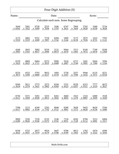 The Four-Digit Addition With Some Regrouping – 100 Questions (S) Math Worksheet