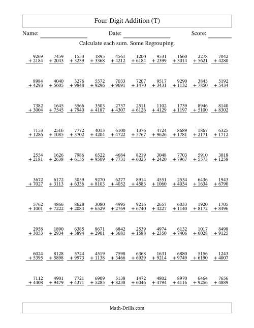 The Four-Digit Addition With Some Regrouping – 100 Questions (T) Math Worksheet