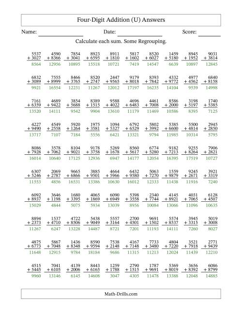 The Four-Digit Addition With Some Regrouping – 100 Questions (U) Math Worksheet Page 2